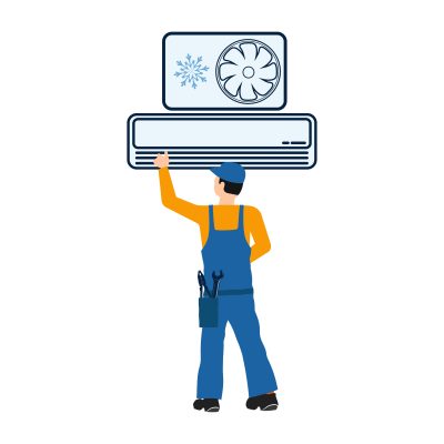 A worker in uniform services an air conditioner by webzun